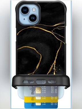 iPhone 15 Plus Wing Mate Hidden Card Holder Black and Gold Marble Case
